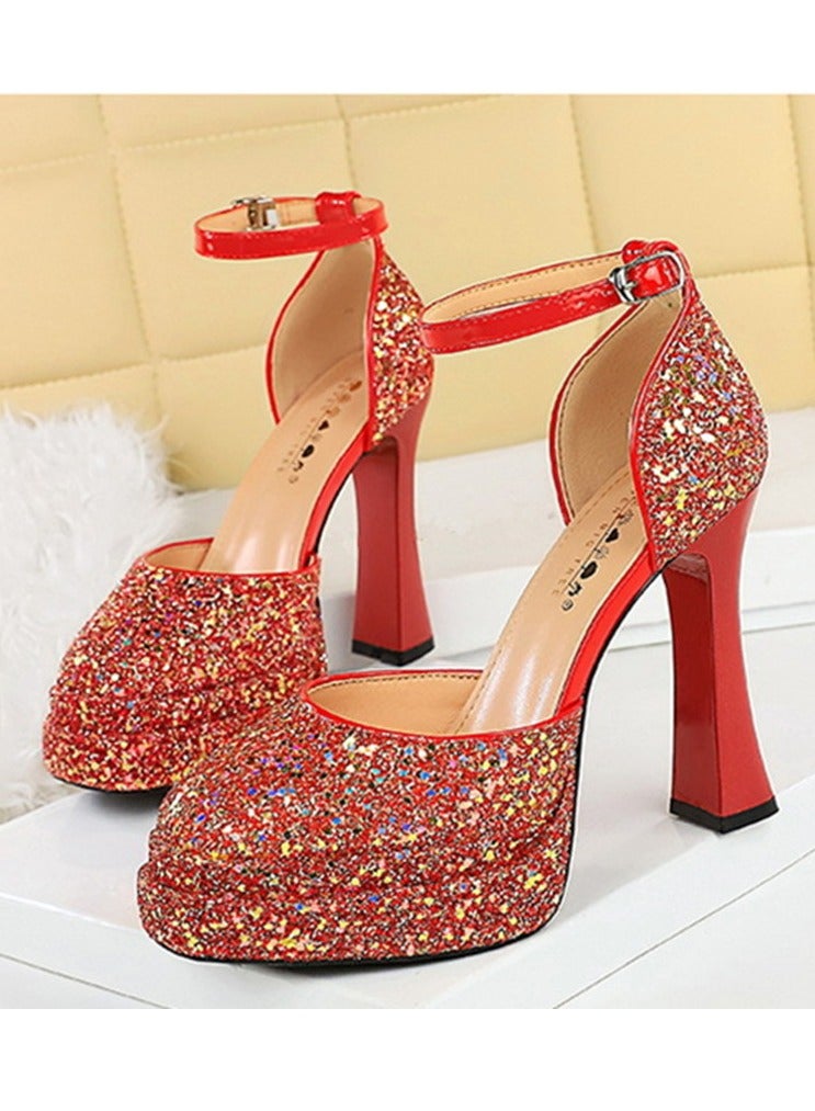 بيج تري المرأة لامعة السينز منصة الكعب العالي الكثيف مع مضخات حزام الكاحل الأحمر 11.5CM - Image 1