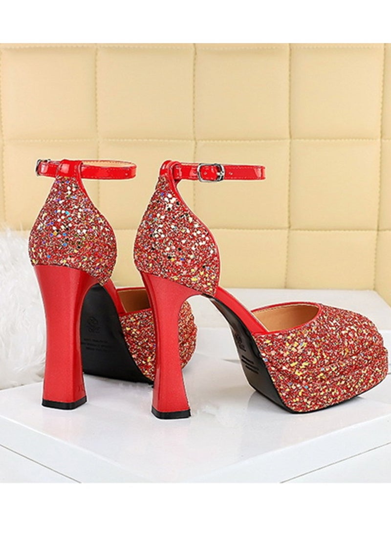 بيج تري المرأة لامعة السينز منصة الكعب العالي الكثيف مع مضخات حزام الكاحل الأحمر 11.5CM - Image 2