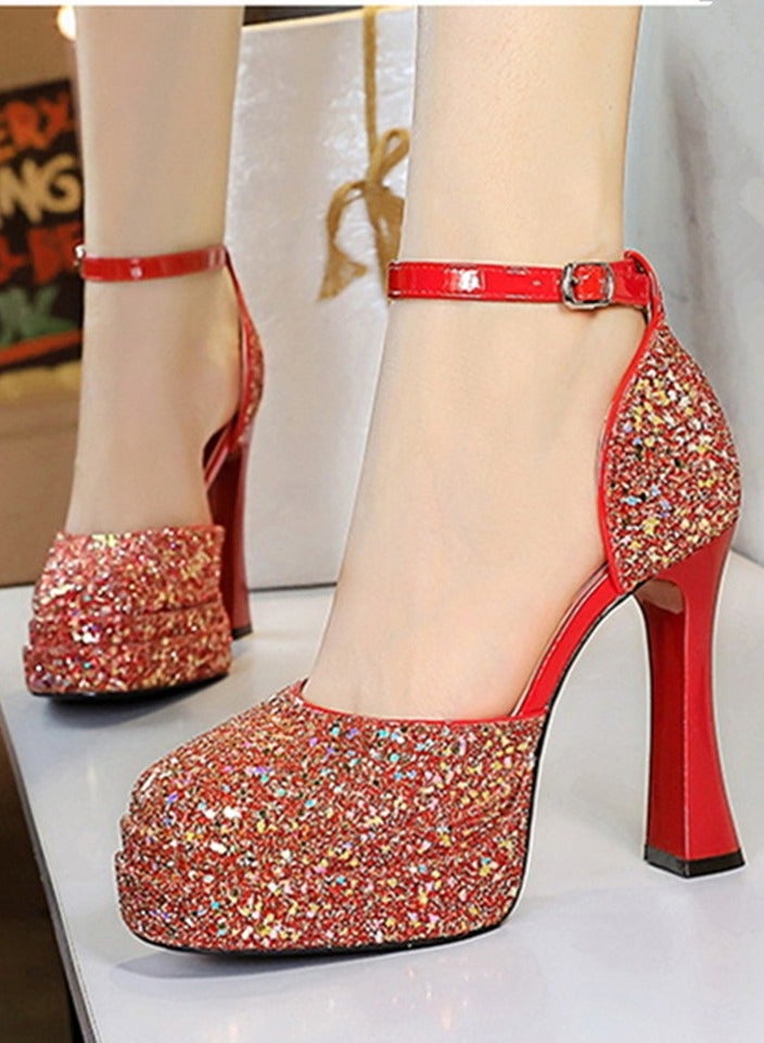 بيج تري المرأة لامعة السينز منصة الكعب العالي الكثيف مع مضخات حزام الكاحل الأحمر 11.5CM - Image 3