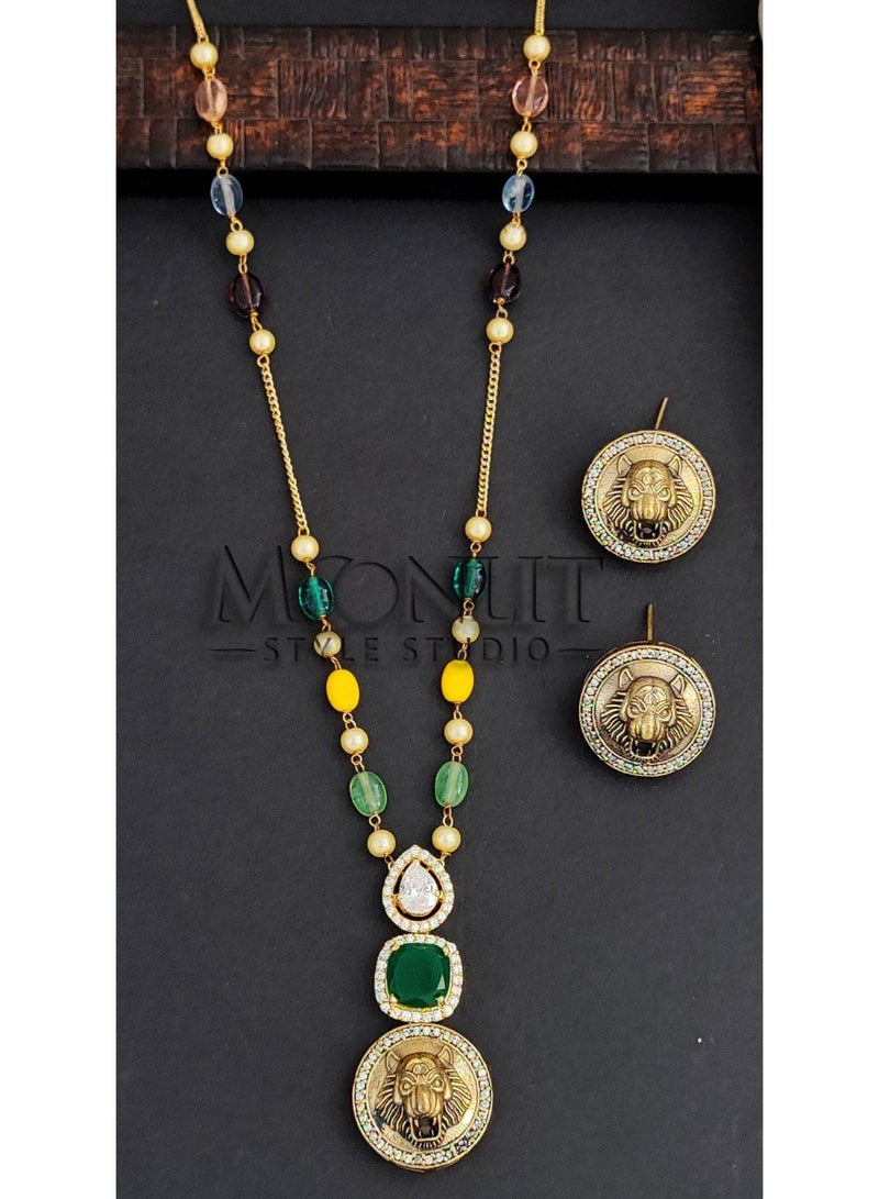 Antique Finish Lion Face Long Pendant Necklace Set