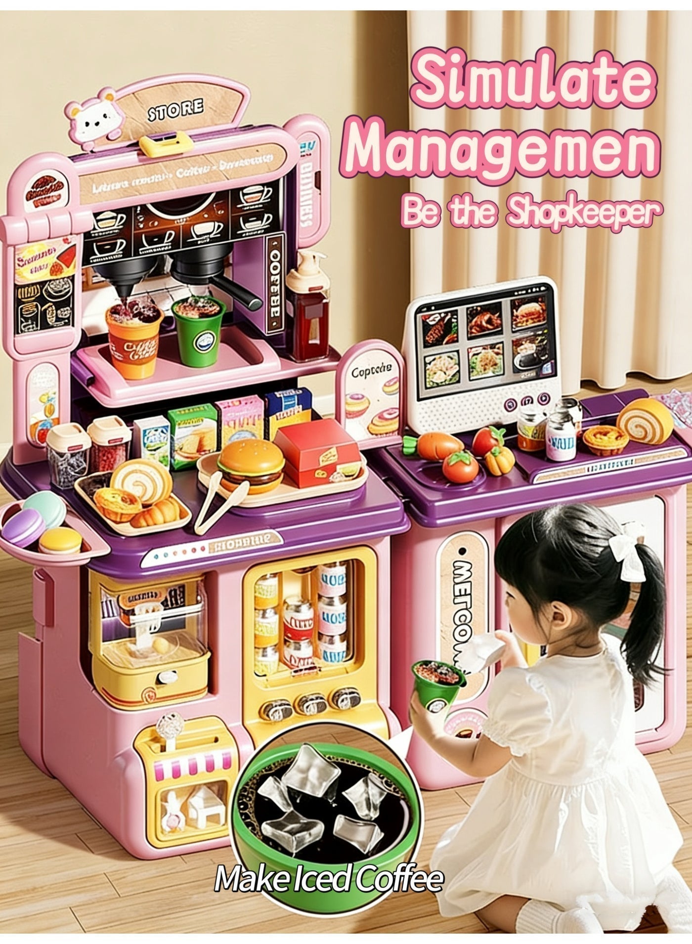 Multi-Functional Touch Vending Machine for Kids - Pink 3-in-1 Play Store Set with Coffee Shop, Snack Dispenser, Dessert Shop & Cash Register, 68+ Accessories - Gift for Toddlers Ages 3-6 (Boys & Girls)