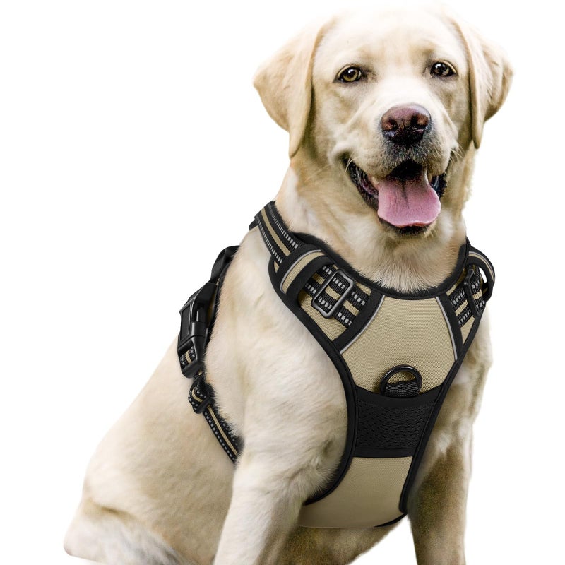 rabbitgoo Dog Harness No Pull with 2 Leash Clips, Adjustable Soft Padded, Reflective Oxford No Choke Pet Vest with Easy Control Handle for Large Dogs, Beige, L - Image 1
