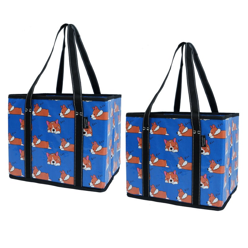 BeeGreen Dog Reusable Grocery Bags Foldable, 2 Pack Heavy Duty Tote Bag Waterproof Animal Shopping Bags with Long Webbing Handles, Packable Stands Upright, Reinforced Base for Groceries, Pool, Gift - Image 1