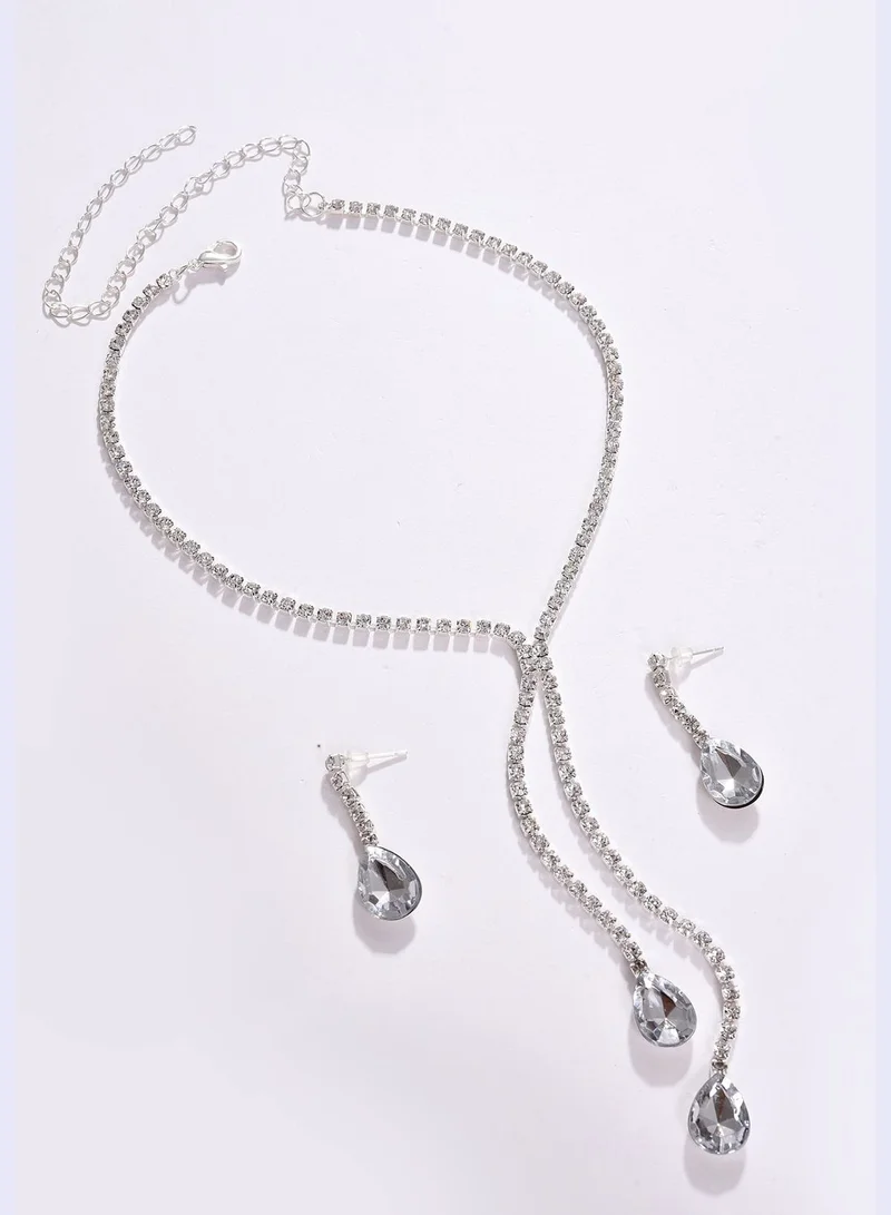 SOHI Pack of 3 Silver Plated American Diamond Necklace and Earring Set