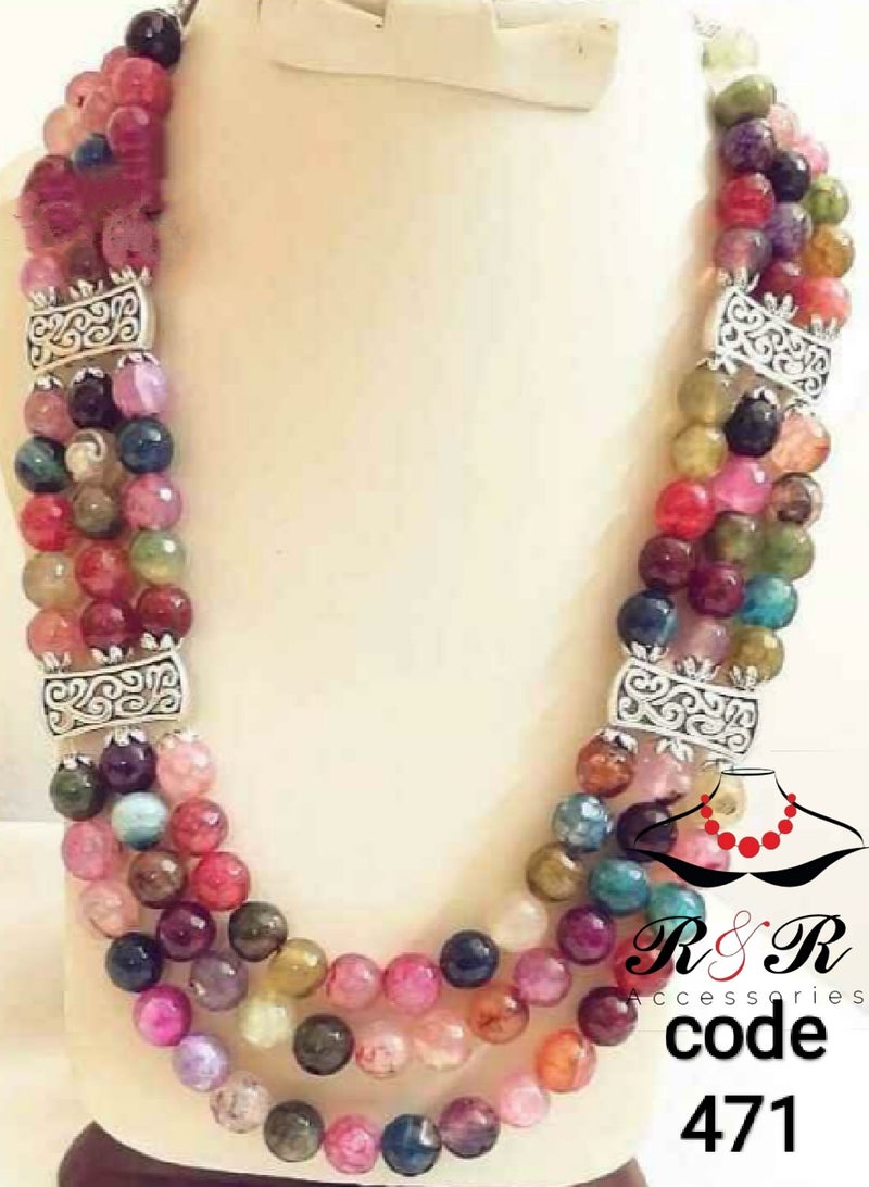 R&R Multi-layered women's necklace of multi-colored natural agate