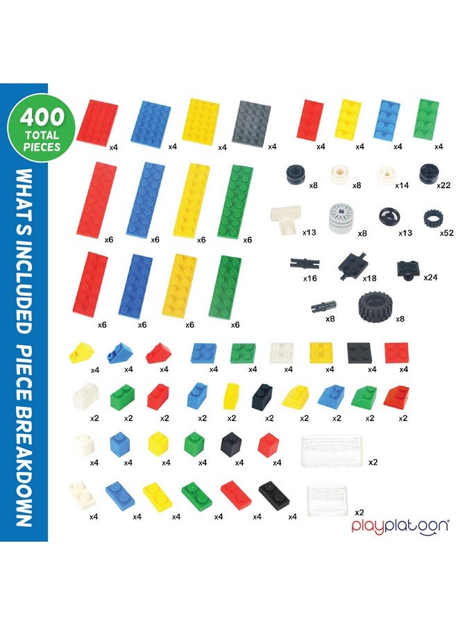 Play Platoon 400 Piece Wheels and Axles Sets, Building Bricks Car Parts & Pieces Kit - Car Building Set with Wheels, Axles & Windshields and Bonus Bricks - Image 2