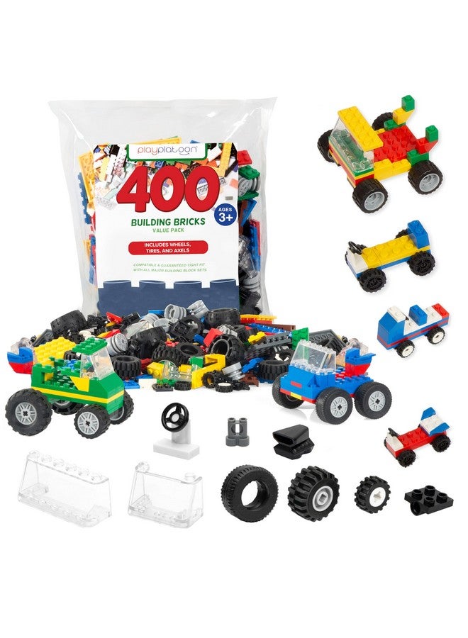 Play Platoon 400 Piece Wheels and Axles Sets, Building Bricks Car Parts & Pieces Kit - Car Building Set with Wheels, Axles & Windshields and Bonus Bricks - Image 1