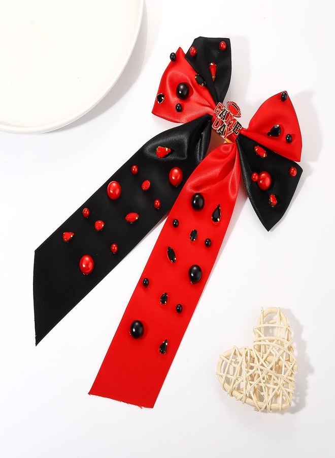 NLCAC Football Accessories Game Day Hair Bows for Women Long Tail Satin Bow Barrette Hair Clip Game Day Outfits Hair Accessories for Women Sports Fan Gifts(Pearl Game Day-red black) - Image 2