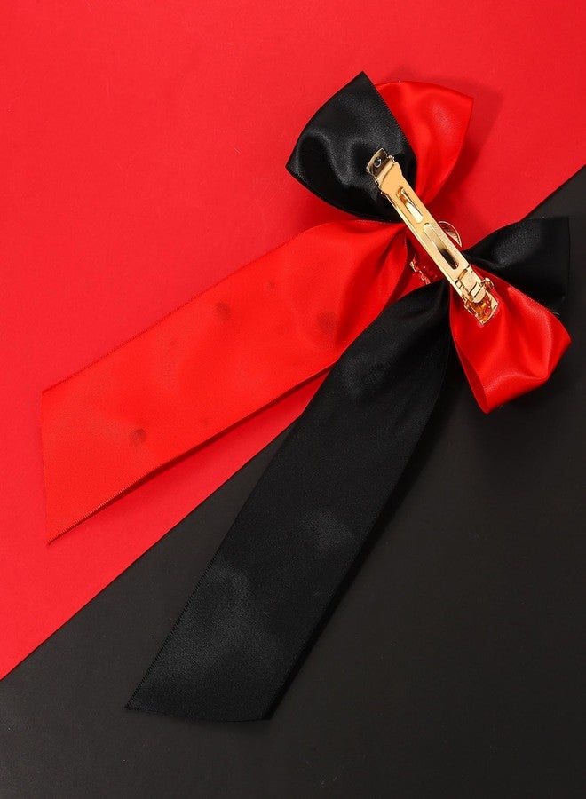 NLCAC Football Accessories Game Day Hair Bows for Women Long Tail Satin Bow Barrette Hair Clip Game Day Outfits Hair Accessories for Women Sports Fan Gifts(Pearl Game Day-red black) - Image 5