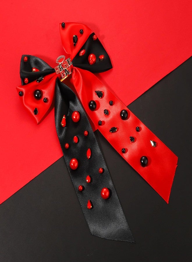 NLCAC Football Accessories Game Day Hair Bows for Women Long Tail Satin Bow Barrette Hair Clip Game Day Outfits Hair Accessories for Women Sports Fan Gifts(Pearl Game Day-red black) - Image 3