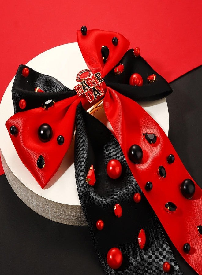 NLCAC Football Accessories Game Day Hair Bows for Women Long Tail Satin Bow Barrette Hair Clip Game Day Outfits Hair Accessories for Women Sports Fan Gifts(Pearl Game Day-red black) - Image 4