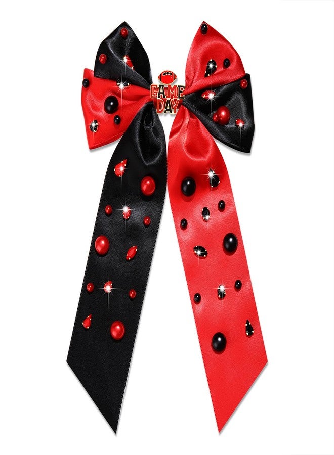 NLCAC Football Accessories Game Day Hair Bows for Women Long Tail Satin Bow Barrette Hair Clip Game Day Outfits Hair Accessories for Women Sports Fan Gifts(Pearl Game Day-red black) - Image 1
