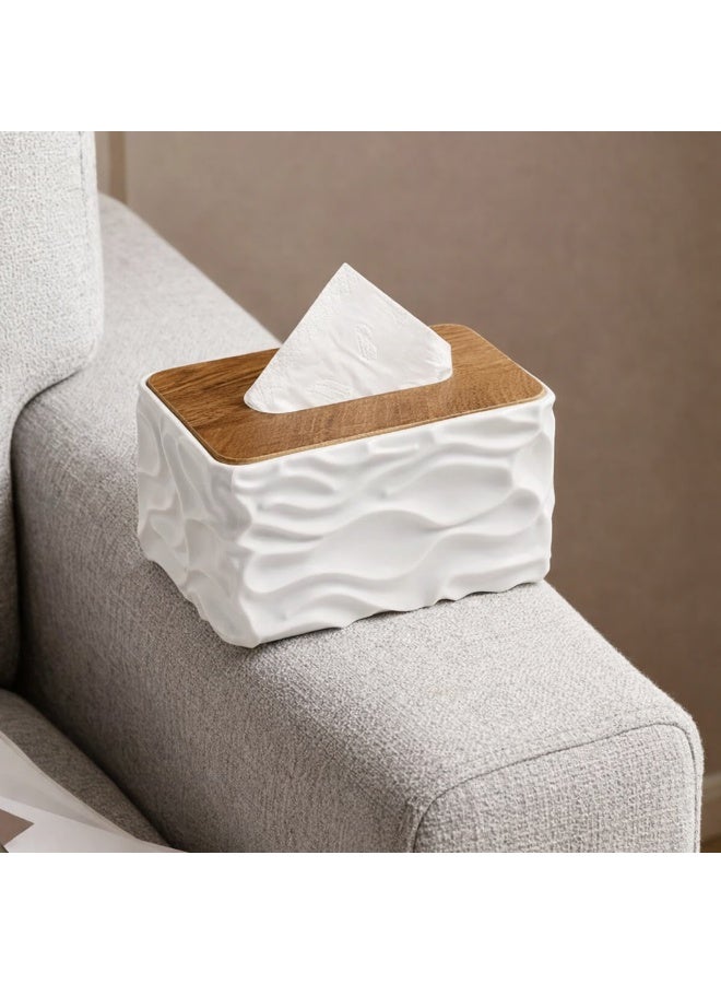 A modern decorative tissue box featuring an elegant wavy texture and a practical wooden lid. Adds a refined touch to home décor and suits living rooms, bathrooms, or offices.(White) - Image 1