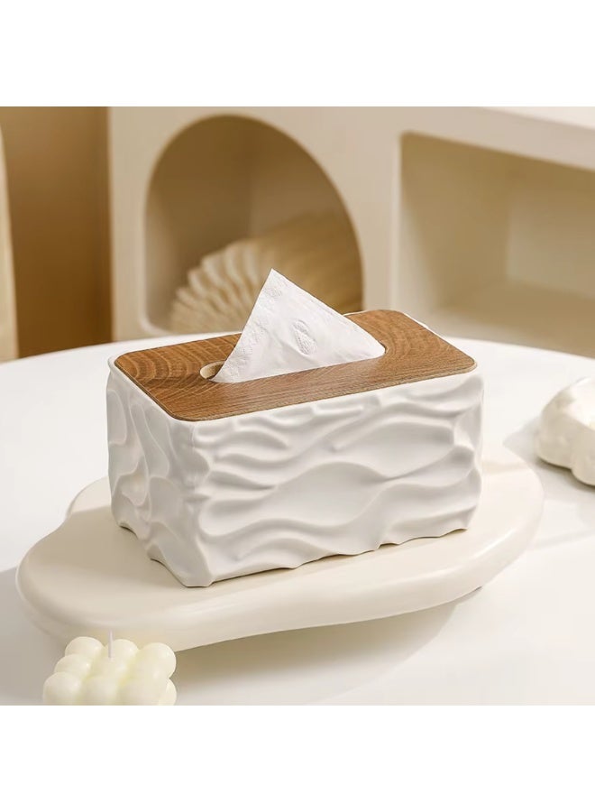 A modern decorative tissue box featuring an elegant wavy texture and a practical wooden lid. Adds a refined touch to home décor and suits living rooms, bathrooms, or offices.(White) - Image 3