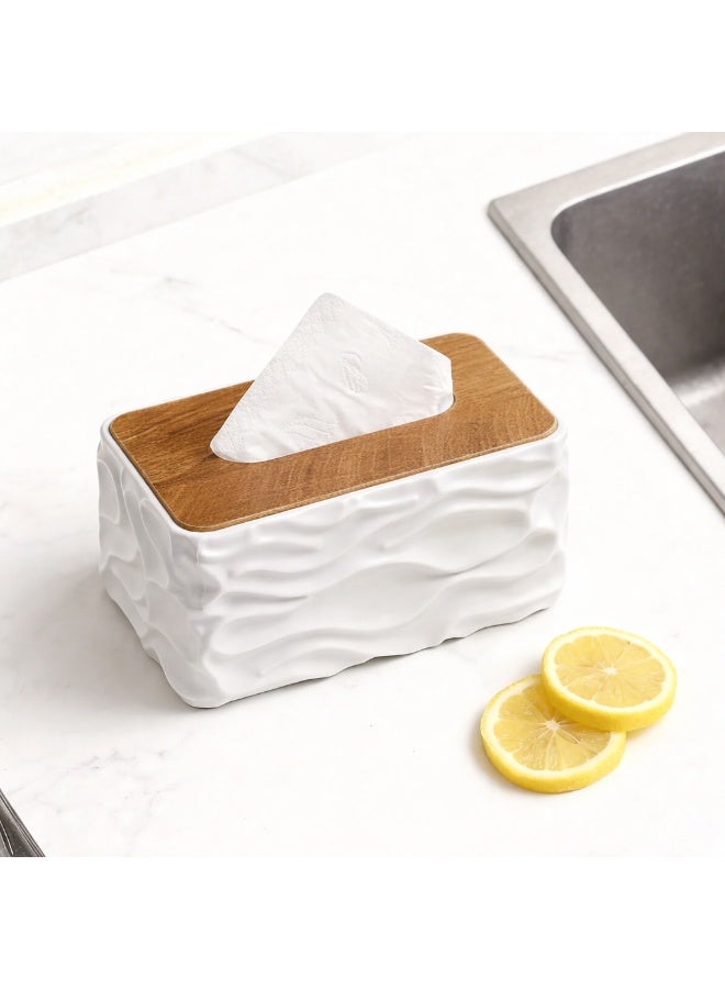 A modern decorative tissue box featuring an elegant wavy texture and a practical wooden lid. Adds a refined touch to home décor and suits living rooms, bathrooms, or offices.(White) - Image 2