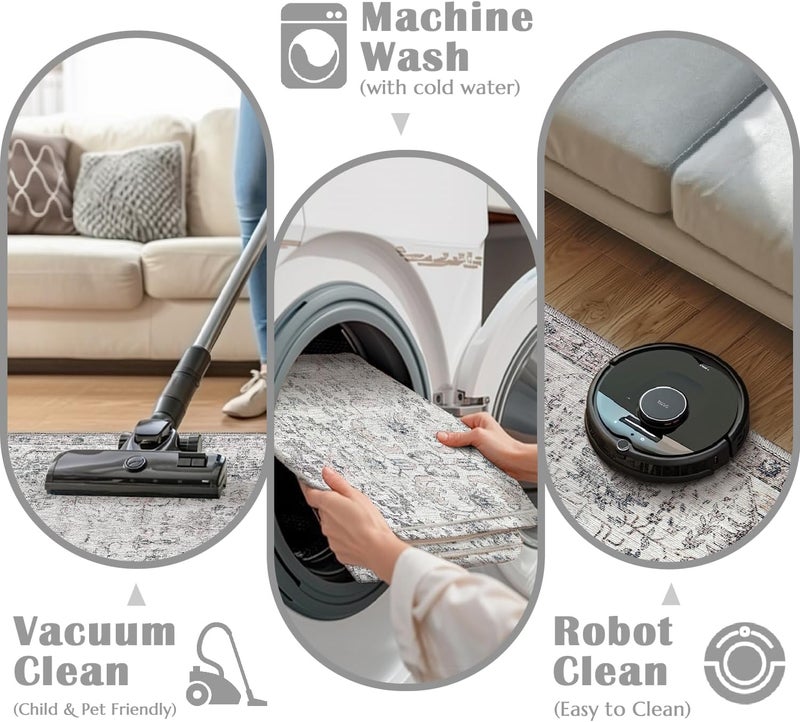 jinchan Vintage Indoor Entrance Thin Rug - 152x91CM, Retro Distressed Floral Grey Carpet, Non Slip Doormat for Kitchen, Bedroom - Image 5