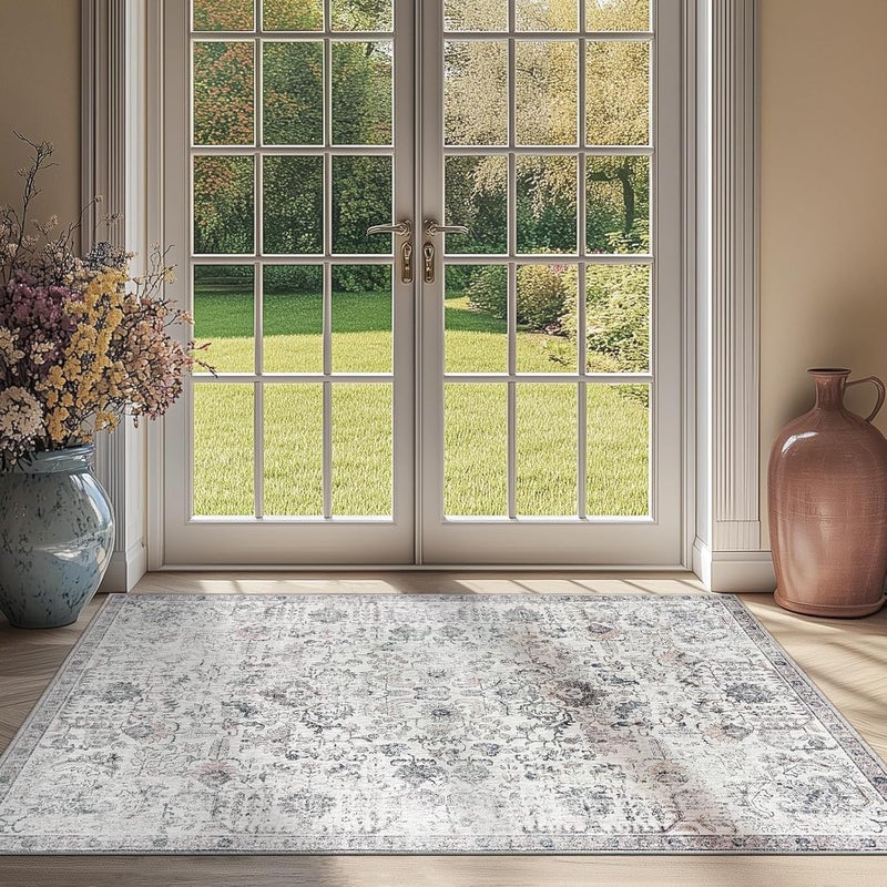 jinchan Vintage Indoor Entrance Thin Rug - 152x91CM, Retro Distressed Floral Grey Carpet, Non Slip Doormat for Kitchen, Bedroom - Image 1