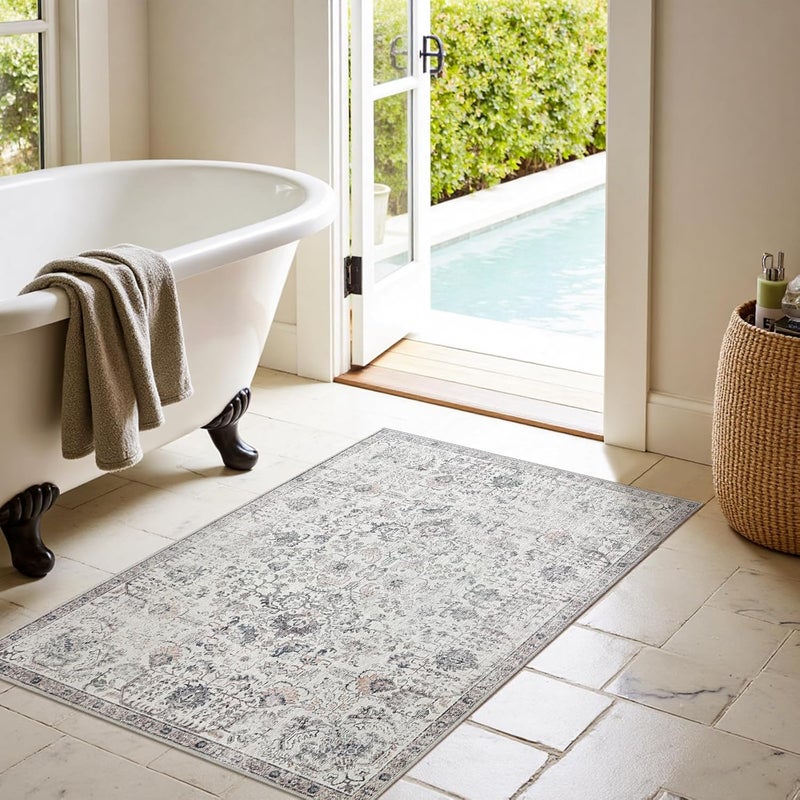 jinchan Vintage Indoor Entrance Thin Rug - 152x91CM, Retro Distressed Floral Grey Carpet, Non Slip Doormat for Kitchen, Bedroom - Image 4
