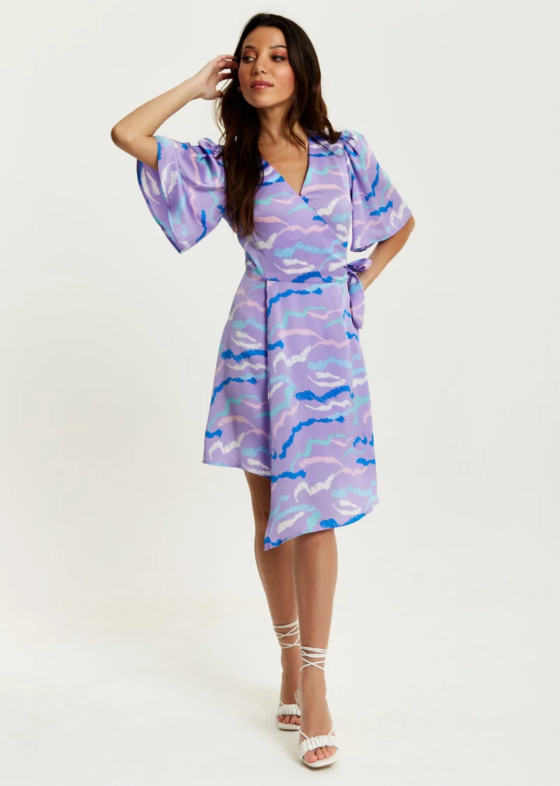 Liquorish Mini Abstract Print Wrap Dress In Lilac