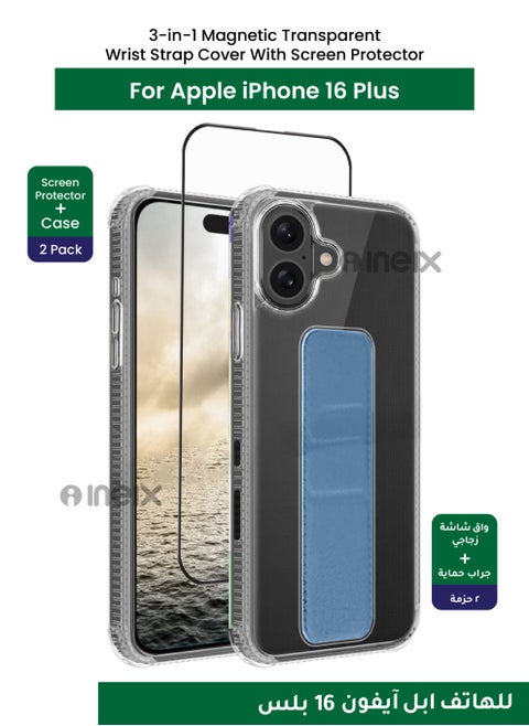 3-in-1 Magnetic Transparent Wrist Strap Hand Grip Stand Back Case Cover with Full BodyTempered Glass Screen Protector For Apple iPhone 16 Plus-Clear/Sky Blue
