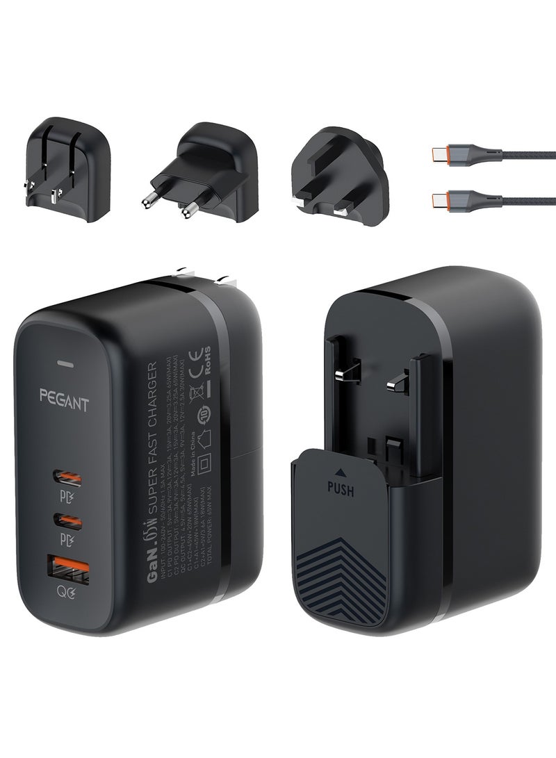 PEGANT 65W GaN PD USB-C Fast Charger, 3 USB Port Wall Adapter PD3 QC3 Power Delivery for Laptops MacBook, Dell, Lenovo, Asus, Compatible with iPhone 15/14/13/12/11, Samsung, Huawei, OnePlus, Xiaomi - Image 1