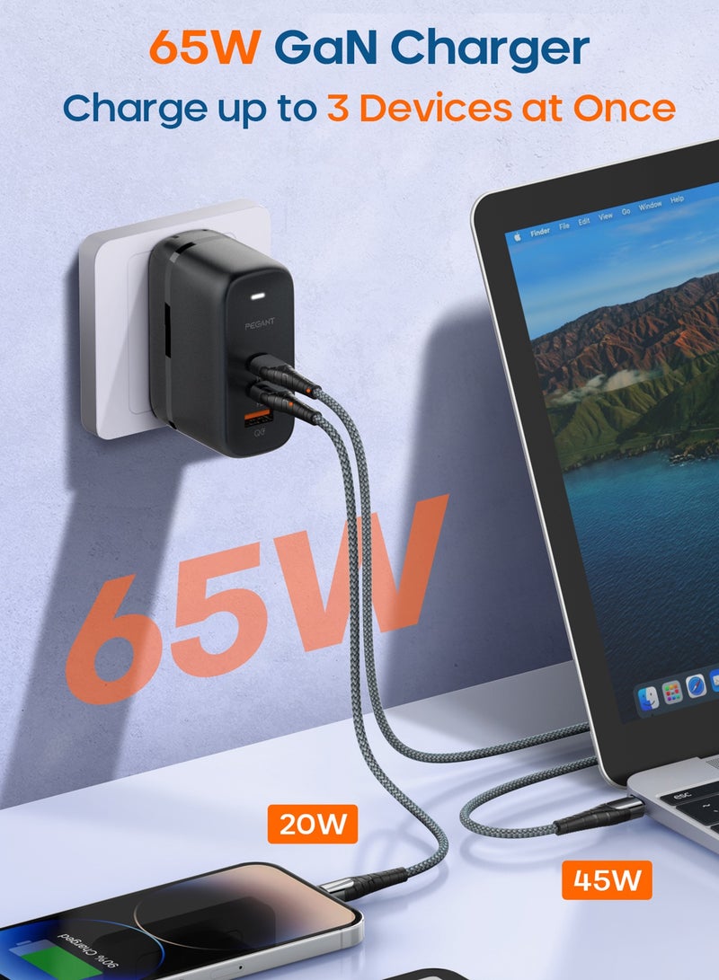 PEGANT 65W GaN PD USB-C Fast Charger, 3 USB Port Wall Adapter PD3 QC3 Power Delivery for Laptops MacBook, Dell, Lenovo, Asus, Compatible with iPhone 15/14/13/12/11, Samsung, Huawei, OnePlus, Xiaomi - Image 2