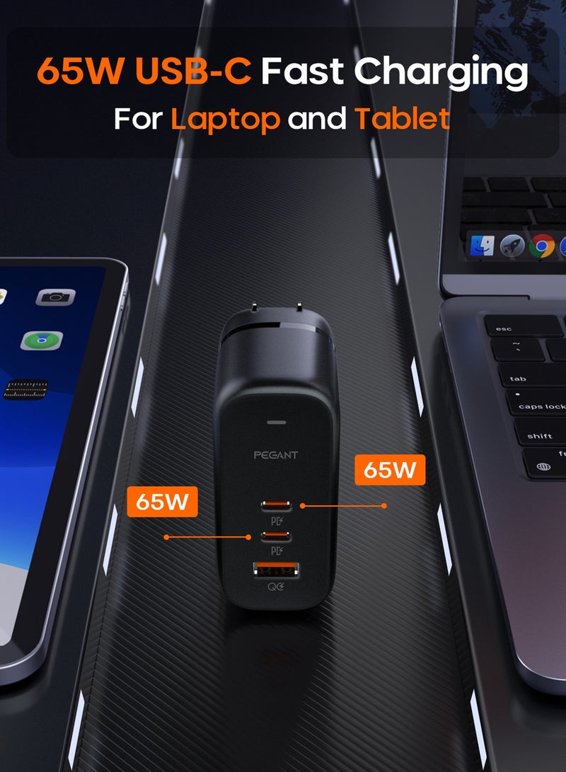 PEGANT 65W GaN PD USB-C Fast Charger, 3 USB Port Wall Adapter PD3 QC3 Power Delivery for Laptops MacBook, Dell, Lenovo, Asus, Compatible with iPhone 15/14/13/12/11, Samsung, Huawei, OnePlus, Xiaomi - Image 3