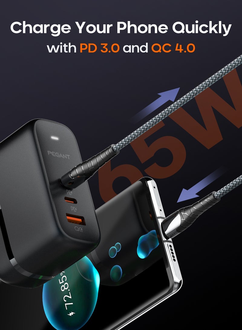 PEGANT 65W GaN PD USB-C Fast Charger, 3 USB Port Wall Adapter PD3 QC3 Power Delivery for Laptops MacBook, Dell, Lenovo, Asus, Compatible with iPhone 15/14/13/12/11, Samsung, Huawei, OnePlus, Xiaomi - Image 4