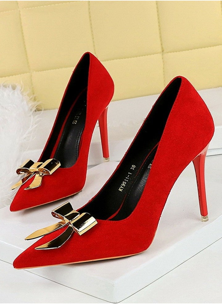 BIGTREE Women's Suede Closed Pointed Toe Stiletto Pump Metal Bowknot Decoration High Heels Red 10.5CM  - Image 1