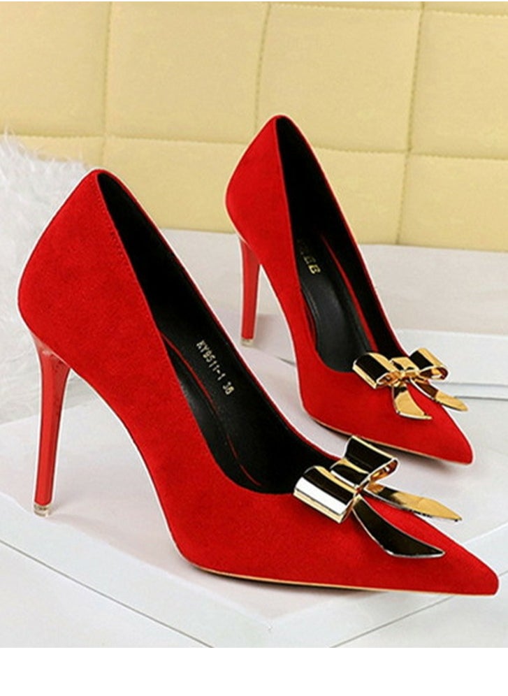 BIGTREE Women's Suede Closed Pointed Toe Stiletto Pump Metal Bowknot Decoration High Heels Red 10.5CM  - Image 2