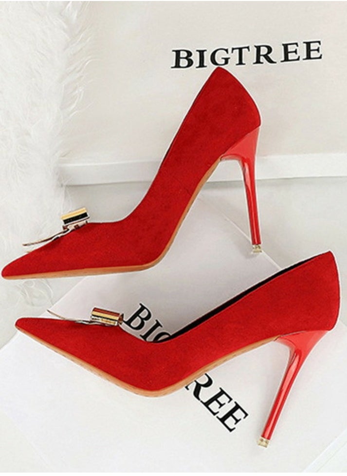 BIGTREE Women's Suede Closed Pointed Toe Stiletto Pump Metal Bowknot Decoration High Heels Red 10.5CM  - Image 3