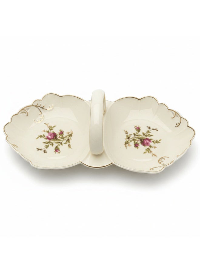 AKDC Angela Premium Cream Ceramic 2-Section Candy Serving Basket with Floral Design 30×15 cm Stylish Organizer - Image 1