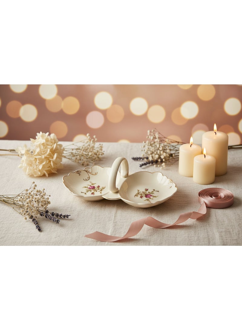 AKDC Angela Premium Cream Ceramic 2-Section Candy Serving Basket with Floral Design 30×15 cm Stylish Organizer - Image 3