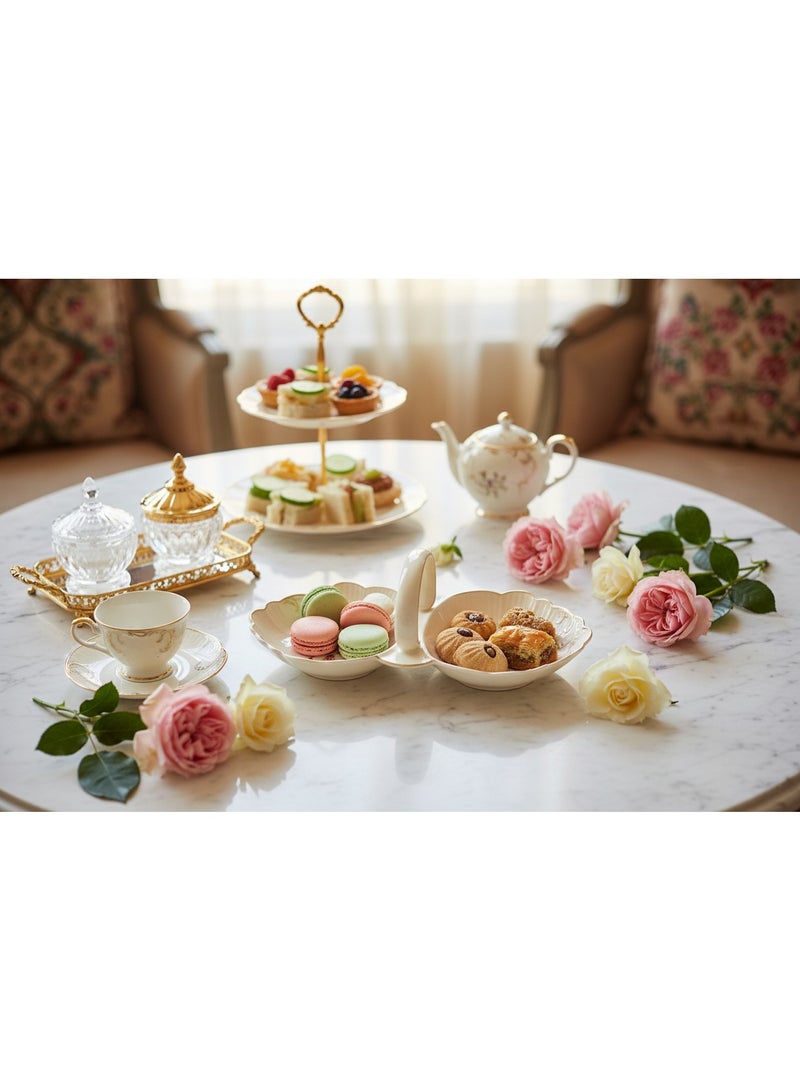 AKDC Angela Premium Cream Ceramic 2-Section Candy Serving Basket with Floral Design 30×15 cm Stylish Organizer - Image 5