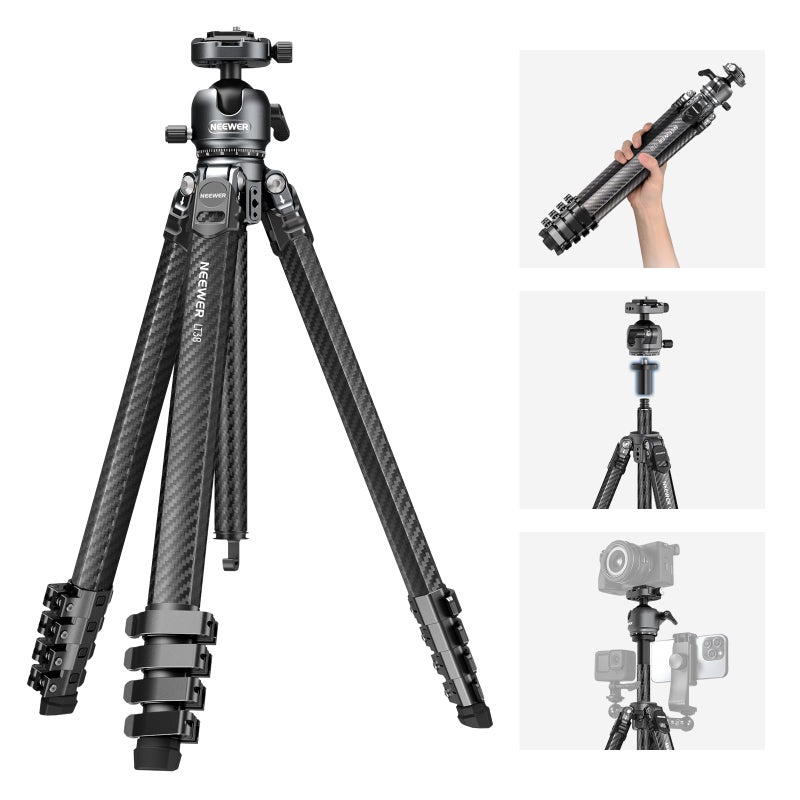 NEEWER LITETRIP LT38 61" Travel Tripod Carbon Fiber for Camera, 360° Pan Tilt Low Profile Ball Head, Flexible Center Axis, Arca QR Plate Compatible with Peak Design Tripod Clip V3, Max Load 22lb - Image 1