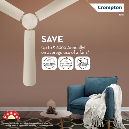 Crompton كرومبتون إنرجين هايبرجيت 1200مم مروحة سقف BLDC | جهاز تحكم عن بعد يعمل في أي مكان | كفاءة طاقة بتقييم 5 نجوم من BEE | توصيل هواء فائق | مقاومة للصدأ | ضمان المصنع لمدة 2 سنة | عاج - Image 3