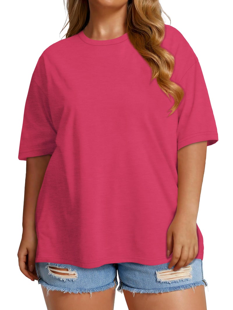 JOELLYUS Plus Size Tops Casual Oversized Tshirts for Women Loose Fit Crew Neck Blouses Summer Basic Tees(Hot Pink, 3XL) - Image 2