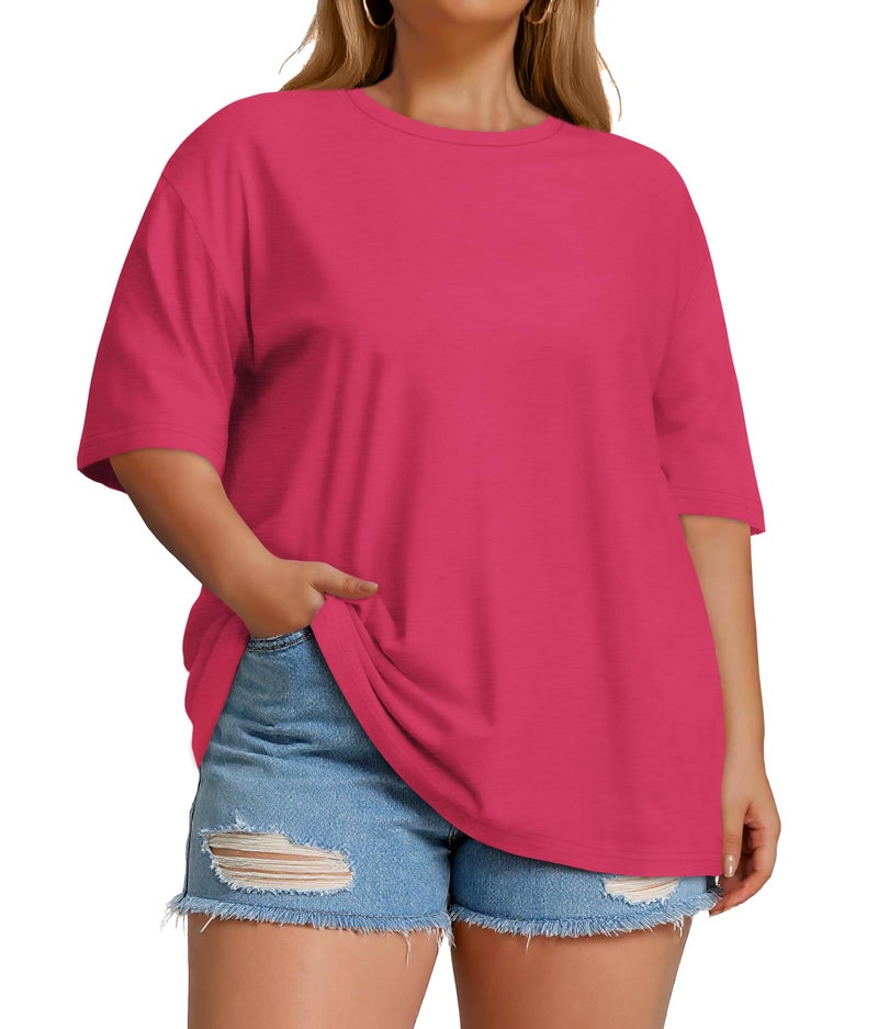 JOELLYUS Plus Size Tops Casual Oversized Tshirts for Women Loose Fit Crew Neck Blouses Summer Basic Tees(Hot Pink, 3XL) - Image 3