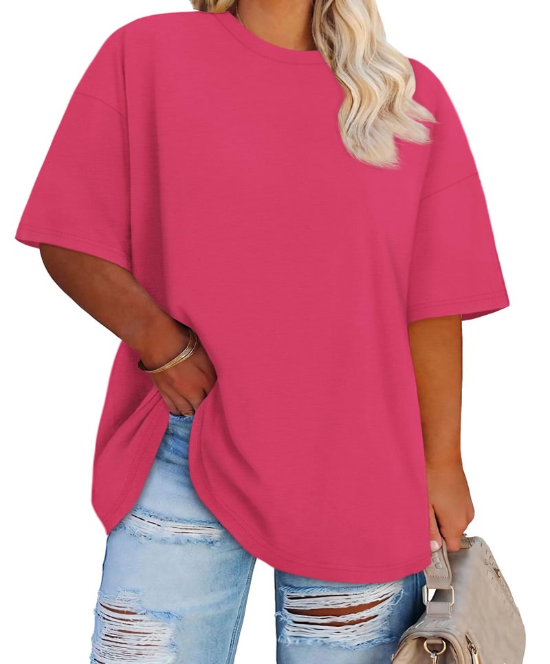 JOELLYUS Plus Size Tops Casual Oversized Tshirts for Women Loose Fit Crew Neck Blouses Summer Basic Tees(Hot Pink, 3XL) - Image 1