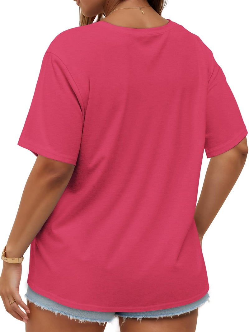 JOELLYUS Plus Size Tops Casual Oversized Tshirts for Women Loose Fit Crew Neck Blouses Summer Basic Tees(Hot Pink, 3XL) - Image 4
