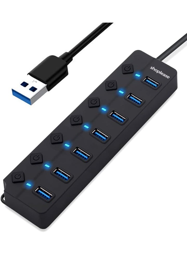 shoplease 7-Port USB 3.0 Hub with Individual Power Switches and Lights, High-Speed Data Hub Splitter Portable USB Extension Hub for PC Laptop and More (No Power Adapter) - Image 1