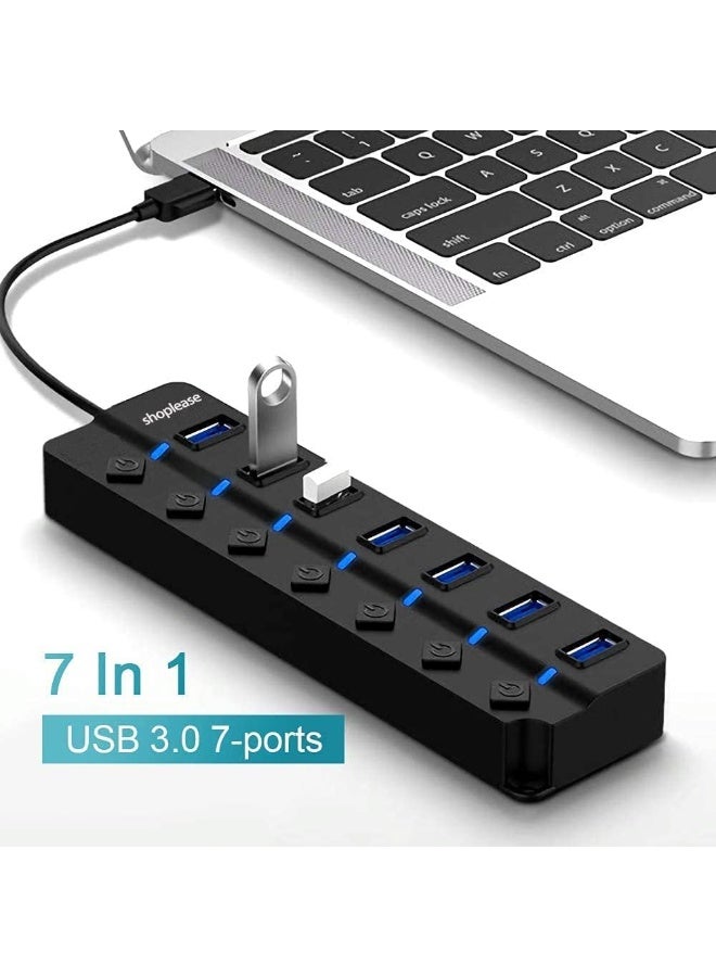 shoplease 7-Port USB 3.0 Hub with Individual Power Switches and Lights, High-Speed Data Hub Splitter Portable USB Extension Hub for PC Laptop and More (No Power Adapter) - Image 2