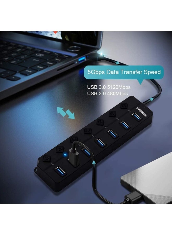 shoplease 7-Port USB 3.0 Hub with Individual Power Switches and Lights, High-Speed Data Hub Splitter Portable USB Extension Hub for PC Laptop and More (No Power Adapter) - Image 3