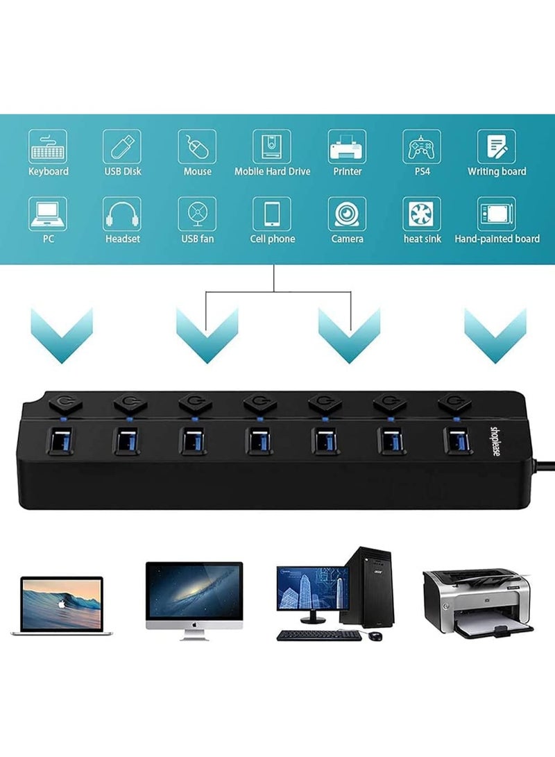 shoplease 7-Port USB 3.0 Hub with Individual Power Switches and Lights, High-Speed Data Hub Splitter Portable USB Extension Hub for PC Laptop and More (No Power Adapter) - Image 5