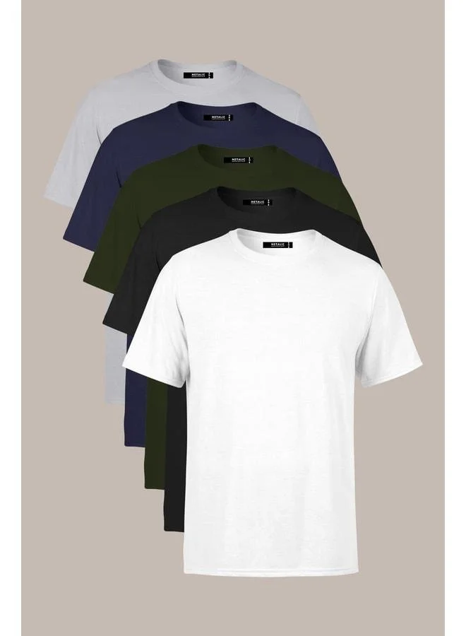 Mmetalic Men's Multi-Colored 100% Cotton T-Shirt Basic 5-Pack, Regular Fit, Comfortable Cut, Crew Neck