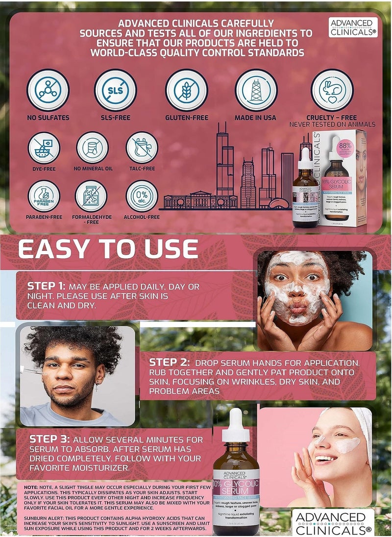 Advanced Clinicals - Glycolic Peel Serum, Salicylic Acid Treatment Gentle Formula W/ 10% Glycolic Acid Targets Fine Lines, Large Pores and Age Spots,1.75 Fl OZ. Dermatologist Tested 100% Clean Beauty (2Pack) - Image 1