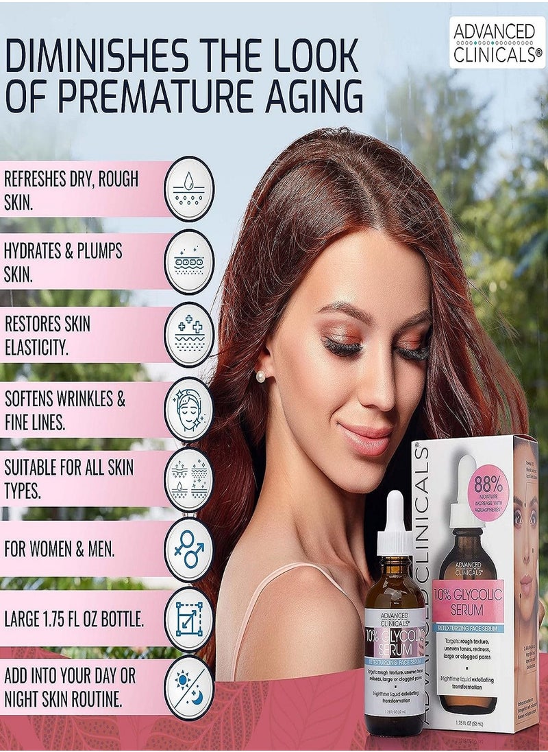 Advanced Clinicals - Glycolic Peel Serum, Salicylic Acid Treatment Gentle Formula W/ 10% Glycolic Acid Targets Fine Lines, Large Pores and Age Spots,1.75 Fl OZ. Dermatologist Tested 100% Clean Beauty (2Pack) - Image 1