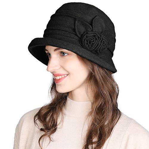 Comhats Womens Vintage Wool Felt Cloche Bucket Hat Winter Packable 1920s Fedora Bowler Church Derby Party Medium Black - Image 3