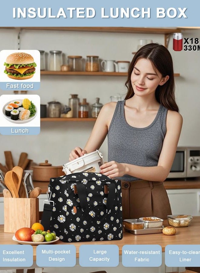 Capolo Insulated Lunch Box for Women & Men - Large Thermal Lunch Bag Women with Removable Shoulder Strap, Reusable Lunch Cooler Tote Bags Purse for Adults Work, Picnic, Hiking, Beach, Travel, MediumDaisy - Image 2