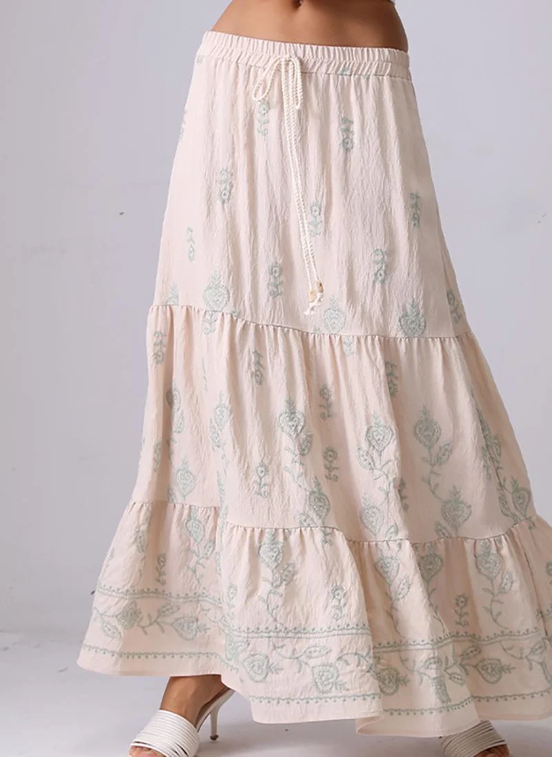 YUNIQEE Off White Self Design Flared Midi LengthFloral Print Skirts
